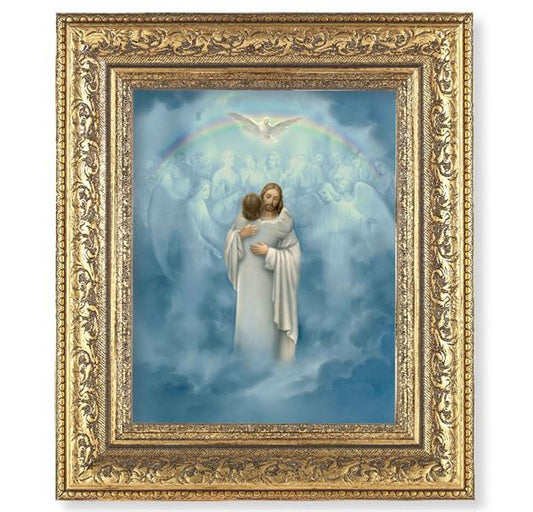 Christ Welcoming Home Picture, 12-1/2"x14-1/2, Antique Gold Leaf Carvings Ornate Frame, Italian Print Under Glass # 25447