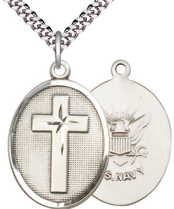 Oval Cross & Navy Medal, 1" tall, Fine Pewter, Your Choice of Chain, # 2545