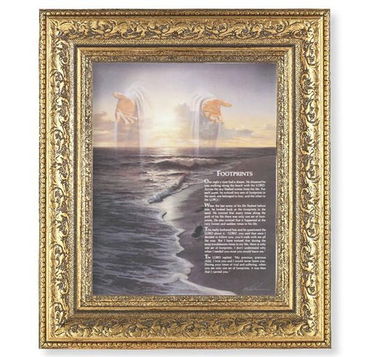 Footprints Picture, 12-1/2"x14-1/2, Antique Gold Leaf Carvings Ornate Frame, Italian Print Under Glass # 25451