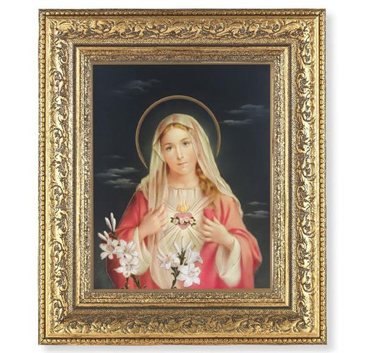 Immaculate Heart of Mary Picture, 12-1/2"x14-1/2, Antique Gold Leaf Carvings Ornate Frame, Italian Print Under Glass # 25466