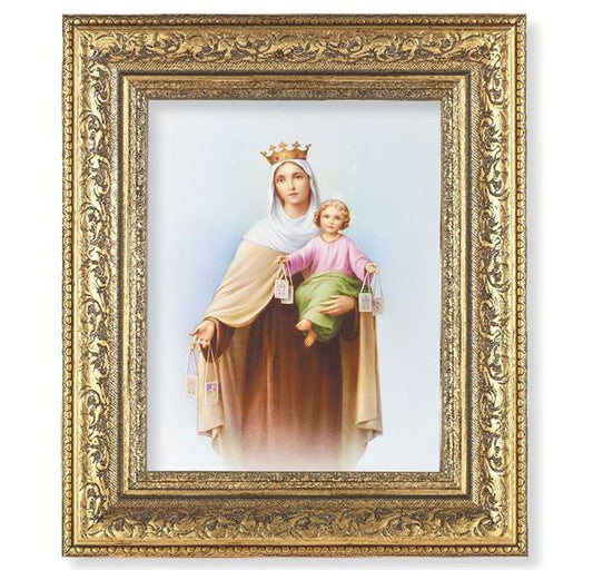 Our Lady of Mount Carmel Picture, 12-1/2"x14-1/2, Antique Gold Leaf Carvings Ornate Frame, Italian Print Under Glass # 25467