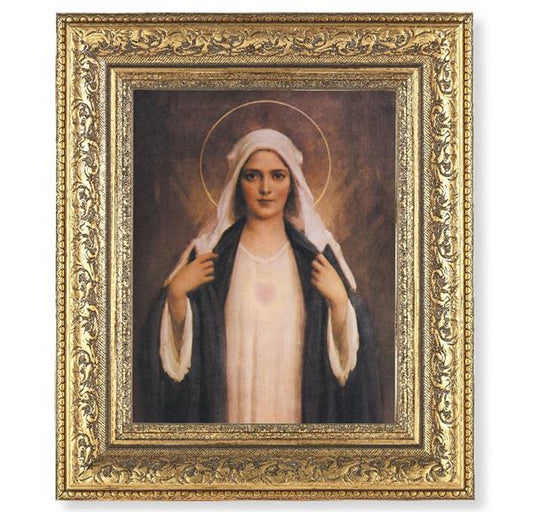 Immaculate Heart of Mary Picture, 12-1/2"x14-1/2, Antique Gold Leaf Carvings Ornate Frame, Italian Print Under Glass # 25470