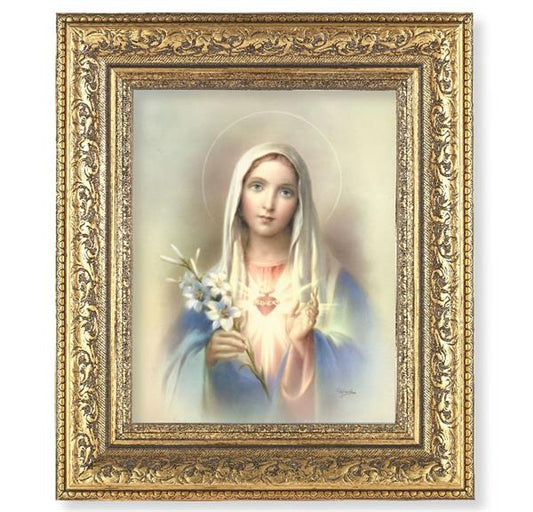 Immaculate Heart of Mary Picture, 12-1/2"x14-1/2, Antique Gold Leaf Carvings Ornate Frame, Italian Print Under Glass # 25472