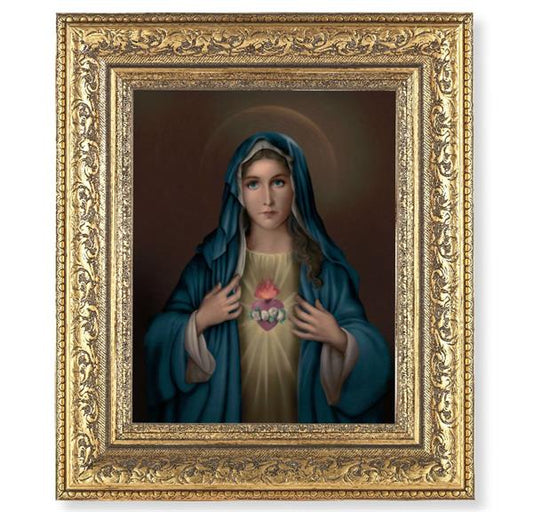 Immaculate Heart of Mary Picture, 12-1/2"x14-1/2, Antique Gold Leaf Carvings Ornate Frame, Italian Print Under Glass # 25475