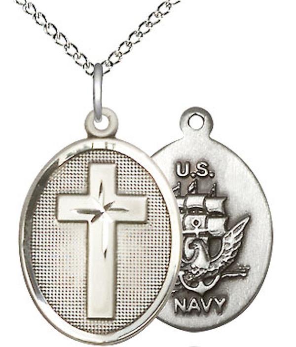 Oval Cross Navy Medal, 3/4" tall, Sterling Silver, Your Choice of Chain, # 2548