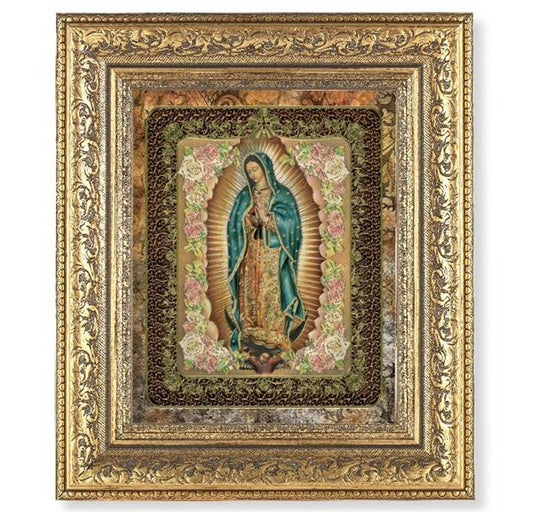 Our Lady of Guadalupe Picture, 12-1/2"x14-1/2, Antique Gold Leaf Carvings Ornate Frame, Italian Gold Stamped Print Under Glass # 25480