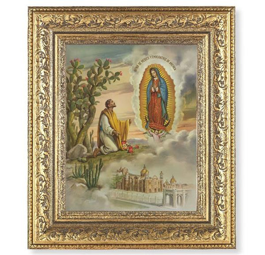 Juan Diego with OL Guadalupe Picture, 12-1/2"x14-1/2, Antique Gold Leaf Carvings Ornate Frame, Italian Print Under Glass # 25481