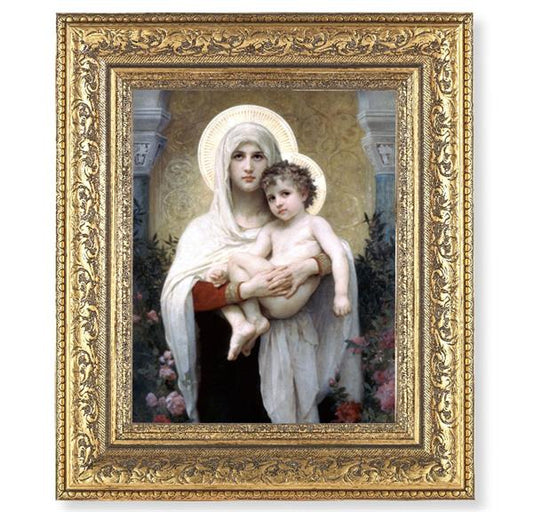 Madonna and Child Picture, 12-1/2"x14-1/2, Antique Gold Leaf Carvings Ornate Frame, Italian Print Under Glass # 25489