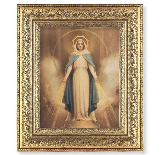 Miraculous Mary Picture, 12-1/2"x14-1/2, Antique Gold Leaf Carvings Ornate Frame, Italian Print Under Glass # 25492