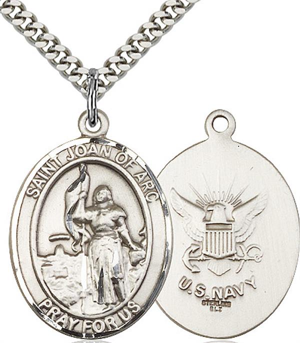 St. Joan of Arc Navy Medal, 1" tall, Sterling Silver, Your Choice of Chain, # 2550