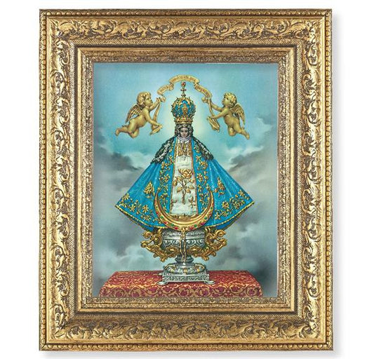 Virgen de San Juan Picture, 12-1/2"x14-1/2", Antique Gold Leaf Carvings Ornate Frame, Italian Print Under Glass # 25504