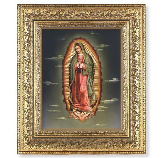 Our Lady of Guadalupe Picture, 12-1/2"x14-1/2, Antique Gold Leaf Carvings Ornate Frame, Italian Print Under Glass # 25508