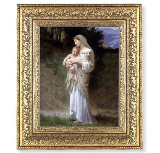 Divine Innocence Picture, 12-1/2"x14-1/2, Antique Gold Leaf Carvings Ornate Frame, Italian Print Under Glass # 25510