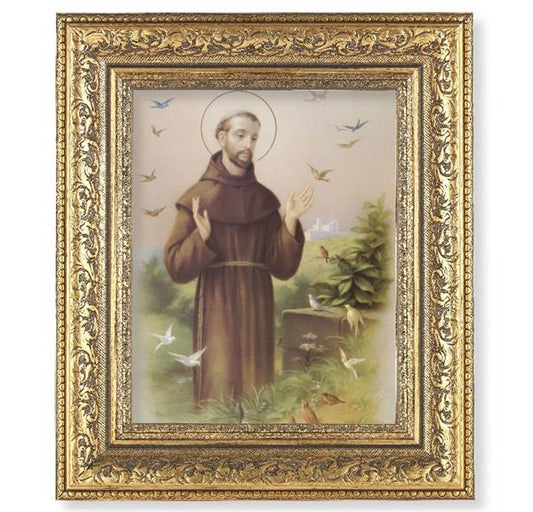 St. Francis of Assisi Picture, 12-1/2"x14-1/2, Antique Gold Leaf Carvings Ornate Frame, Italian Print Under Glass # 25512