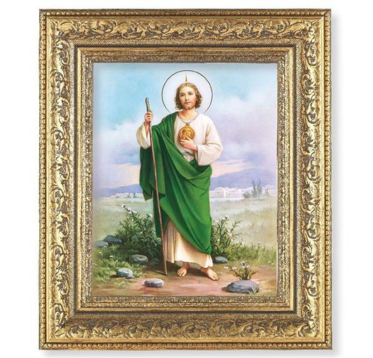 St. Jude Picture, 12-1/2"x14-1/2, Antique Gold Leaf Carvings Ornate Frame, Italian Print Under Glass # 25515