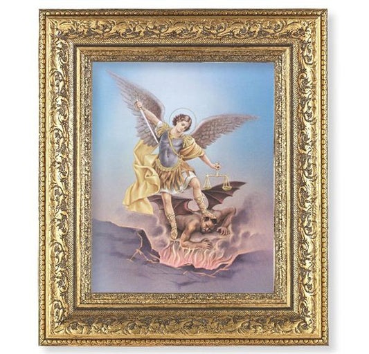 St. Michael Picture, 12-1/2"x14-1/2, Antique Gold Leaf Carvings Ornate Frame, Italian Print Under Glass # 25516