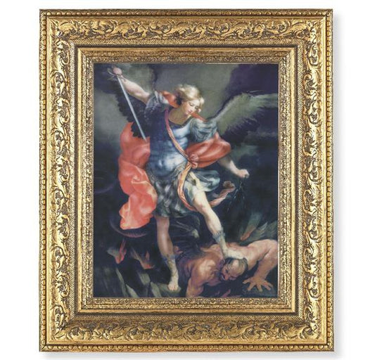 St. Michael Picture, 12-1/2"x14-1/2, Antique Gold Leaf Carvings Ornate Frame, Italian Print Under Glass # 25517
