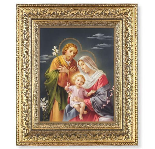 Holy Family Picture, 12-1/2"x14-1/2, Antique Gold Leaf Carvings Ornate Frame, Italian Print Under Glass # 25522