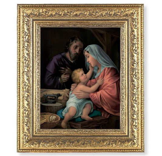 Holy Family Picture, 12-1/2"x14-1/2, Antique Gold Leaf Carvings Ornate Frame, Italian Print Under Glass # 25523