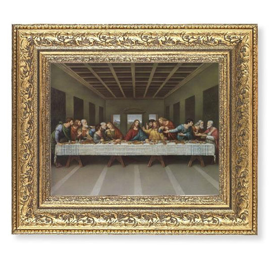 Last Supper Picture, 12-1/2"x14-1/2, Antique Gold Leaf Carvings Ornate Frame, Italian Print Under Glass # 25524
