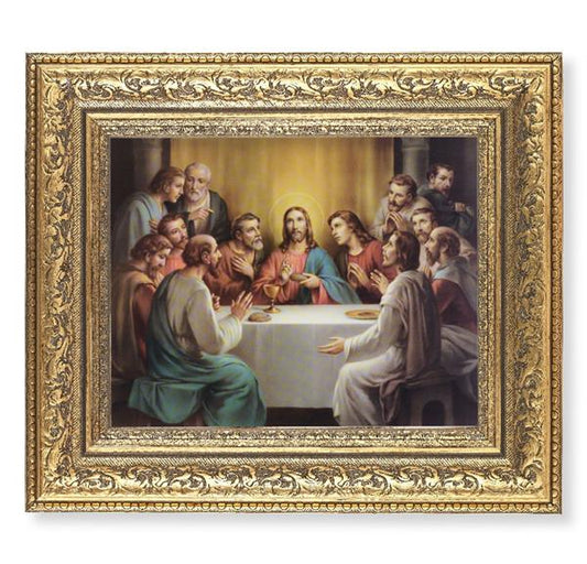 Last Supper Picture, 12-1/2"x14-1/2, Antique Gold Leaf Carvings Ornate Frame, Italian Print Under Glass # 25525