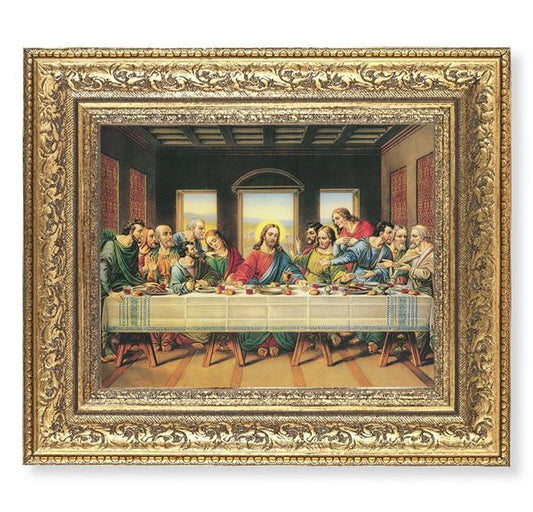 Last Supper Picture, 12-1/2"x14-1/2, Antique Gold Leaf Carvings Ornate Frame, Italian Print Under Glass # 25526
