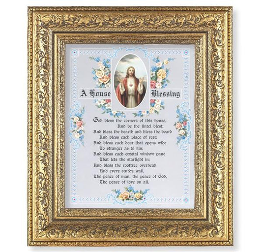 House Blessing Picture, 12-1/2"x14-1/2, Antique Gold Leaf Carvings Ornate Frame, Italian Print Under Glass # 25528