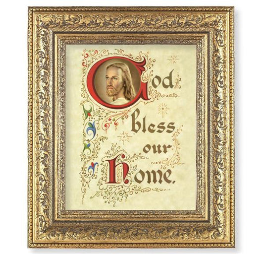 House Blessing Picture, 12-1/2"x14-1/2, Antique Gold Leaf Carvings Ornate Frame, Italian Print Under Glass # 25529