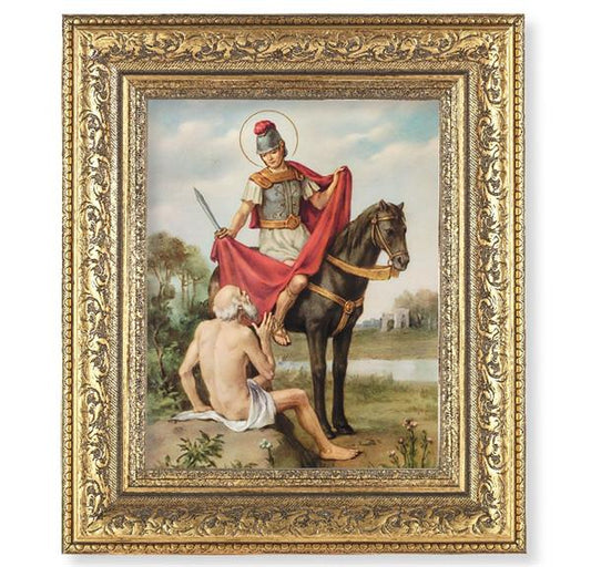 St. Martin of Tours Picture, 12-1/2"x14-1/2, Antique Gold Leaf Carvings Ornate Frame, Italian Print Under Glass # 25534