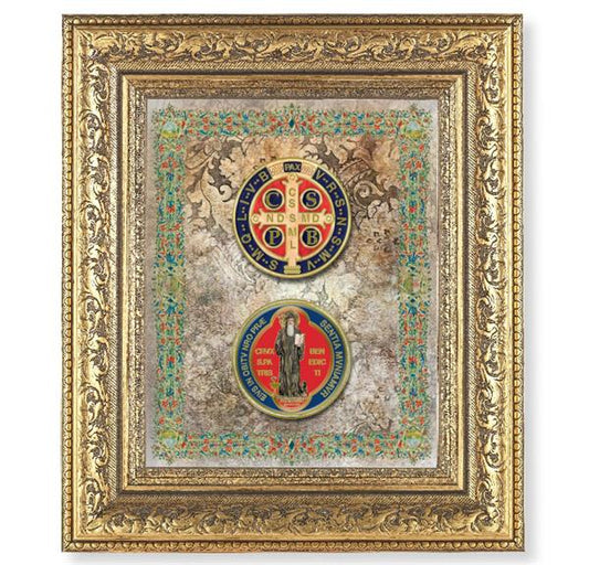 Medals of St. Benedict Picture, 12-1/2"x14-1/2, Antique Gold Leaf Carvings Ornate Frame, Italian Gold Stamped Print Under Glass # 25547