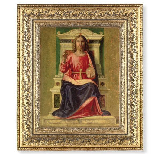 King of Heaven Picture, 12-1/2"x14-1/2, Antique Gold Leaf Carvings Ornate Frame, Italian Print Under Glass # 25552
