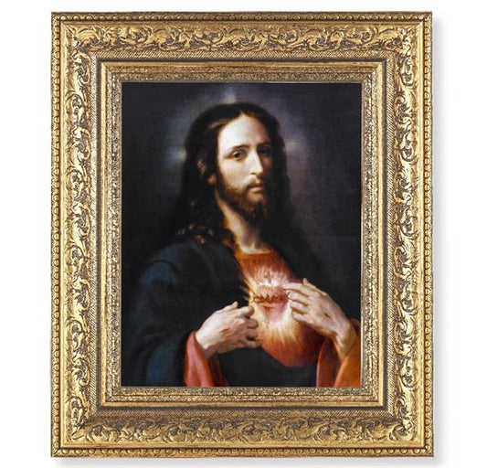 Sacred Heart of Jesus Picture, 12-1/2"x14-1/2, Antique Gold Leaf Carvings Ornate Frame, Italian Print Under Glass # 25553
