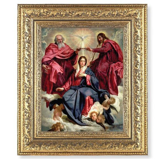 Crowning of Mary Picture, 12-1/2"x14-1/2, Antique Gold Leaf Carvings Ornate Frame, Italian Print Under Glass # 25564