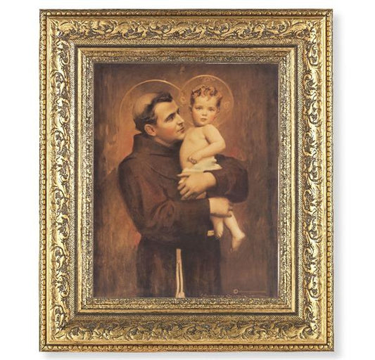St. Anthony with Jesus Picture, 12-1/2"x14-1/2, Antique Gold Leaf Carvings Ornate Frame, Italian Print Under Glass # 25567
