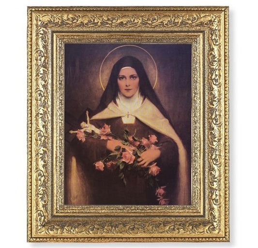St. Therese of Lisieux Picture, 12-1/2"x14-1/2, Antique Gold Leaf Carvings Ornate Frame, Italian Print Under Glass # 25570