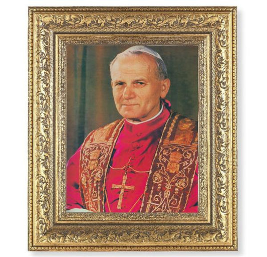 St. Pope John Paul II Picture, 12-1/2"x14-1/2, Antique Gold Leaf Carvings Ornate Frame, Italian Print Under Glass # 25575