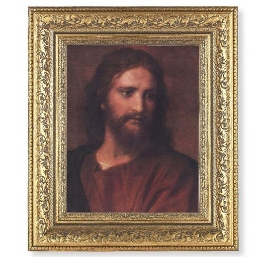Head of Christ Picture, 12-1/2"x14-1/2, Antique Gold Leaf Carvings Ornate Frame, Italian Print Under Glass # 25578