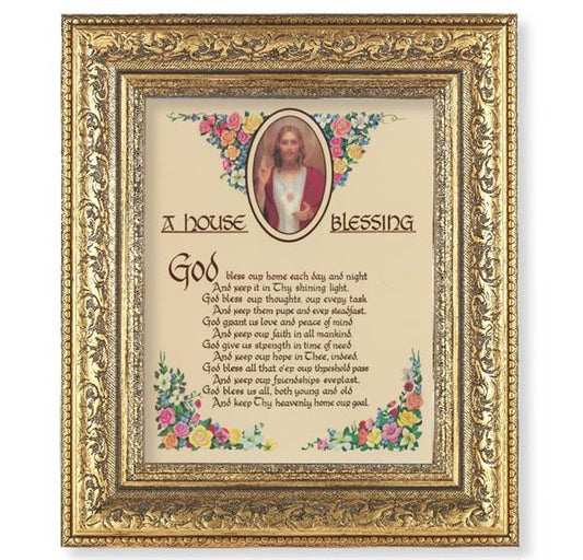 A House Blessing Picture, 12-1/2"x14-1/2, Antique Gold Leaf Carvings Ornate Frame, Italian Print Under Glass # 25579