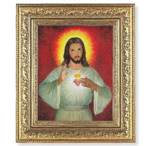 Sacred Heart of Jesus Picture, 12-1/2"x14-1/2, Antique Gold Leaf Carvings Ornate Frame, Italian Print Under Glass # 25580