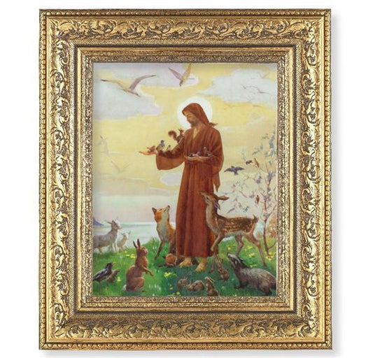Jesus with Animals Picture, 12-1/2"x14-1/2, Antique Gold Leaf Carvings Ornate Frame, Italian Print Under Glass # 25584
