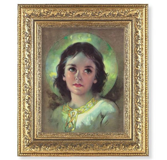 The Child Jesus Picture, 12-1/2"x14-1/2, Antique Gold Leaf Carvings Ornate Frame, Italian Print Under Glass # 25587