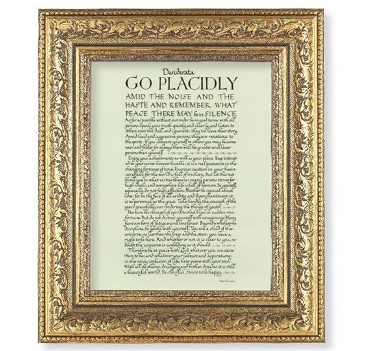 Go Placidly Picture, 12-1/2"x14-1/2, Antique Gold Leaf Carvings Ornate Frame, Italian Print Under Glass # 25590