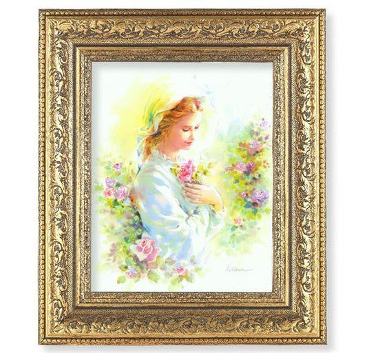 Mystical Rose Picture, 12-1/2"x14-1/2, Antique Gold Leaf Carvings Ornate Frame, Italian Print Under Glass # 25591