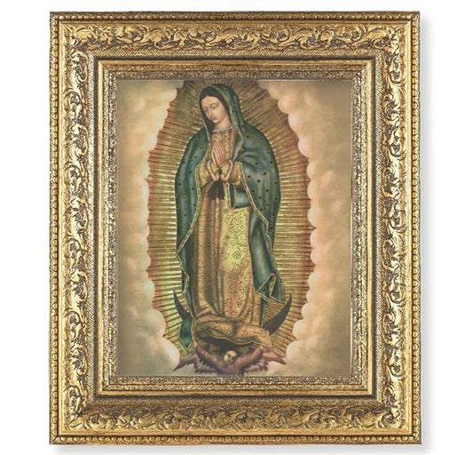 Our Lady of Guadalupe Picture, 12-1/2"x14-1/2, Antique Gold Leaf Carvings Ornate Frame, Italian Print Under Glass # 25593