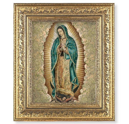 Our Lady of Guadalupe Picture, 12-1/2"x14-1/2, Antique Gold Leaf Carvings Ornate Frame, Italian Gold Stamped Print Under Glass # 25594