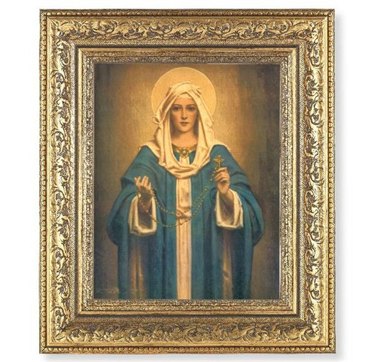 Our Lady of The Rosary Picture, 12-1/2"x14-1/2, Antique Gold Leaf Carvings Ornate Frame, Italian Print Under Glass # 25596