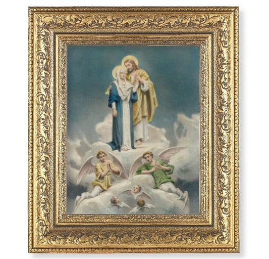 Jesus & Mary Picture, 12-1/2"x14-1/2, Antique Gold Leaf Carvings Ornate Frame, Italian Print Under Glass # 25598