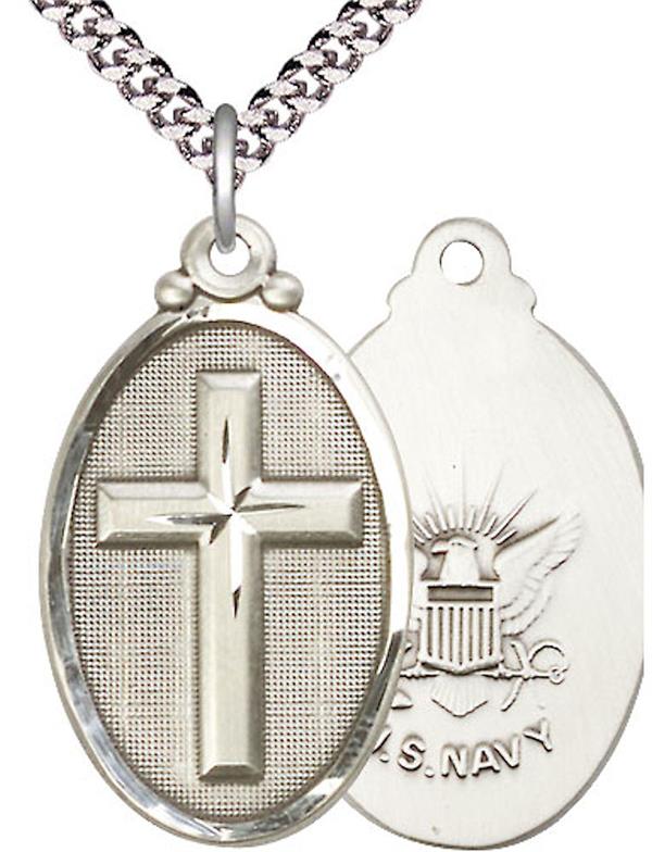 Navy Oval Cross Medal, 1-1/8" tall, Fine Pewter, Your Choice of Chain, # 2562