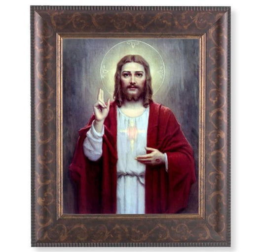 Sacred Heart of Jesus Picture, 11-1/4"x13-1/4, Antique Gold & Espresso Frame, Italian Print Under Glass # 25798