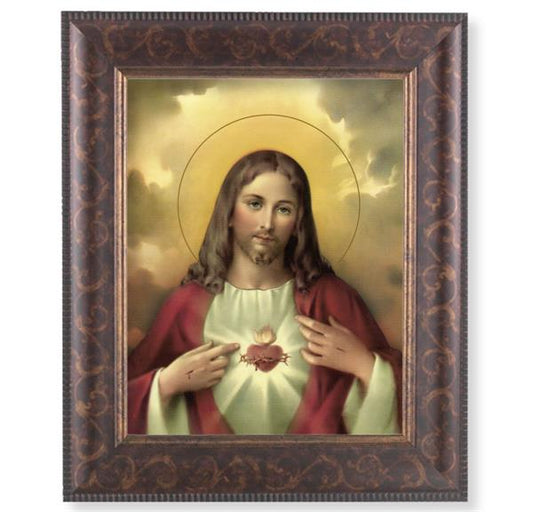 Sacred Heart of Jesus Picture, 11-1/4"x13-1/4, Antique Gold & Espresso Frame, Italian Print Under Glass # 25813